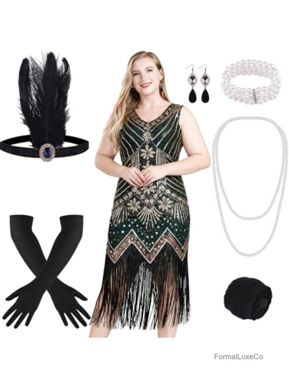 1920s Sequin Fringe V Neck Midi Dress 10 Piece Accessories Set